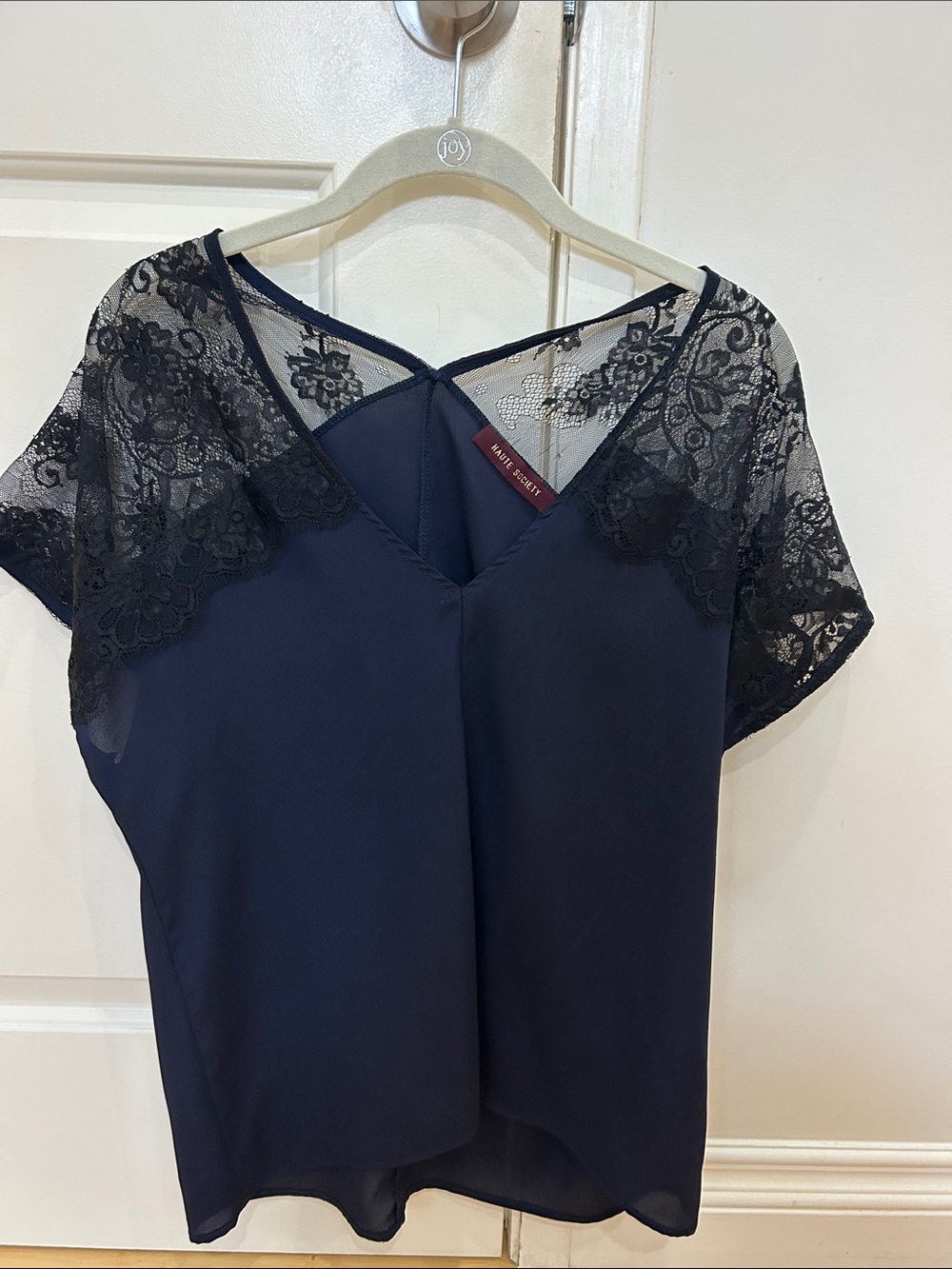 Haute Society Navy Blouse with Black Lace Yoke